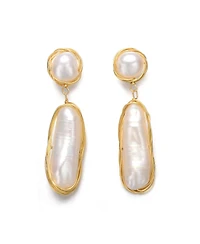 Sterling Silver with 14K Gold Plated and 2 Genuine Freshwater Pearl Dangling Earrings