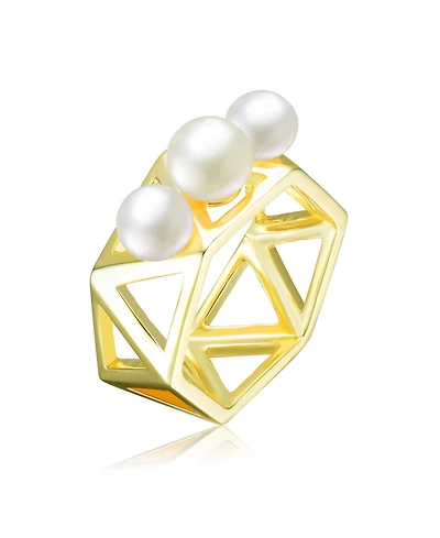 Sterling Silver with 14K Gold Plated 6-6.5MM freshwater Pearls Adjacent Triangles Design Geometric Ring