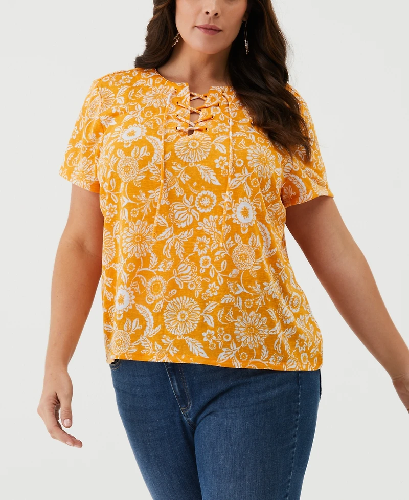 Ella Rafaella Plus Paisley Print Lace-Up Short Sleeve Tee Shirt