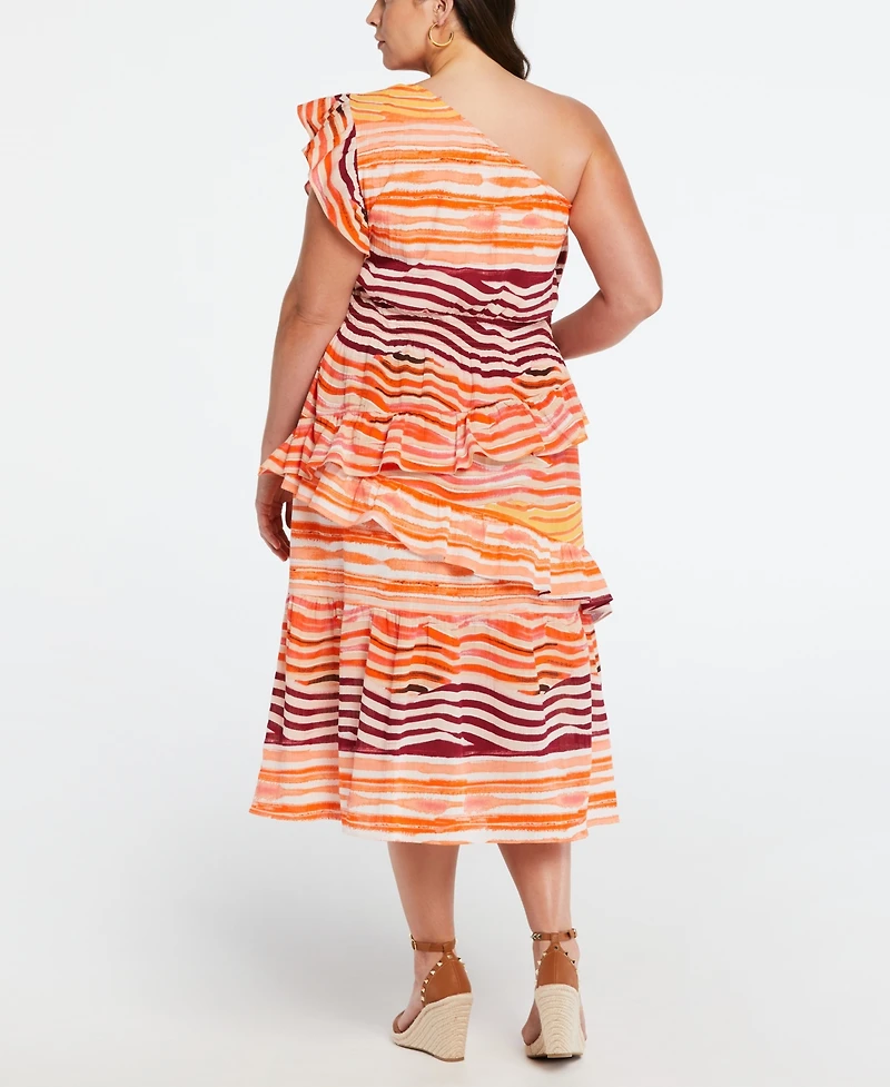 Ella Rafaella Plus Cotton One Shoulder Ruffle Midi Dress