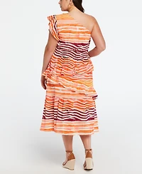 Ella Rafaella Plus Cotton One Shoulder Ruffle Midi Dress
