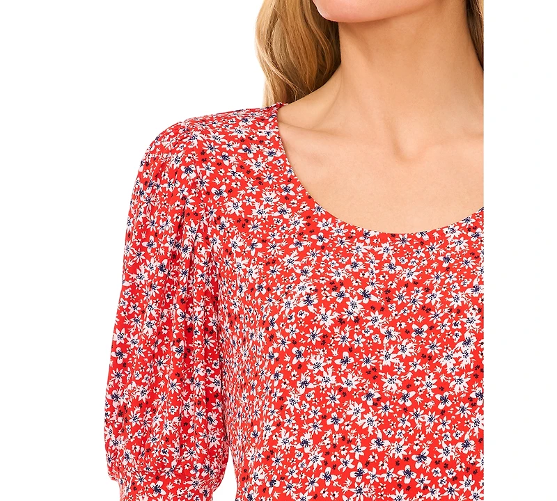 CeCe Women's Printed Shirred Scoop-Neck 3/4-Sleeve Knit Top
