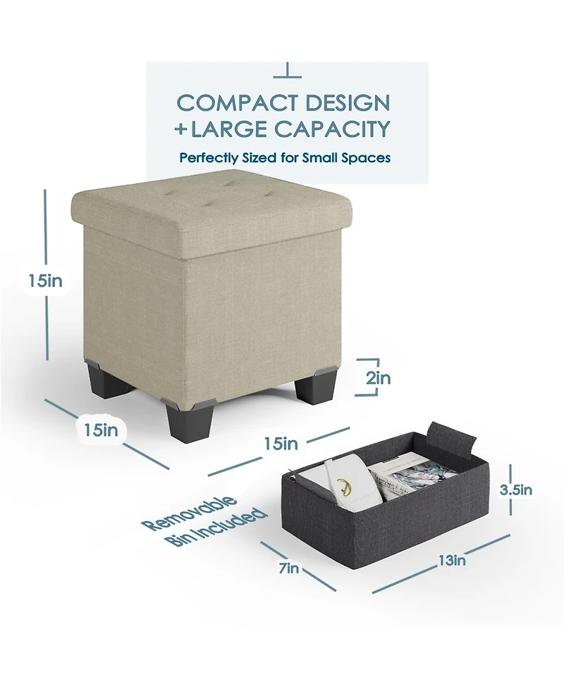 Nestl 15 Inch Ottoman Storage Bench with Storage Bins - Leatherette or Linen Finish