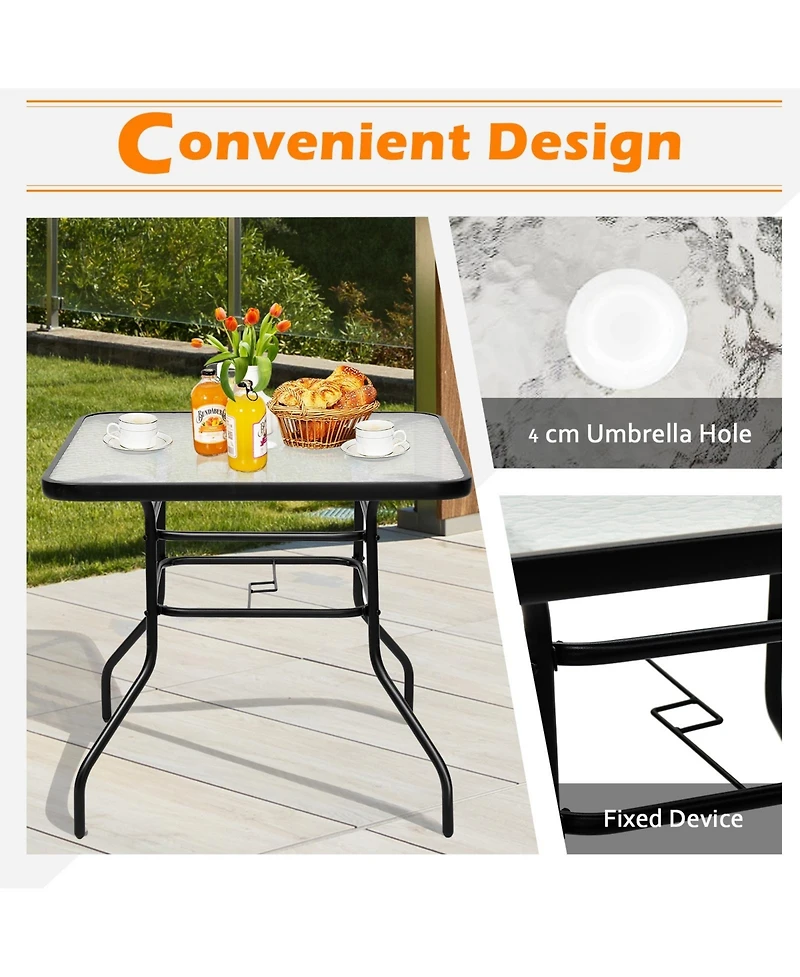 Slickblue 32 Inch Patio Tempered Glass Steel Frame Square Table