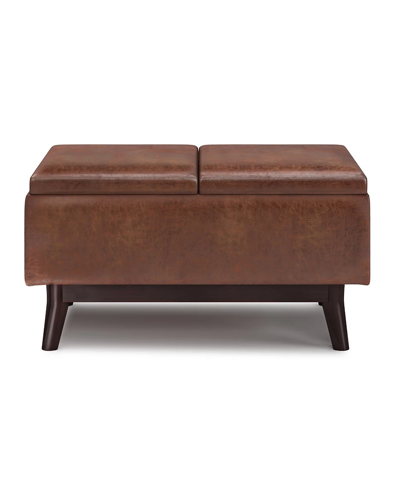 Simpli Home Owen Tray Top Small Coffee Table Storage Ottoman in Distressed Saddle Brown Pu Leather