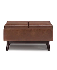 Simpli Home Owen Tray Top Small Coffee Table Storage Ottoman in Distressed Saddle Brown Pu Leather