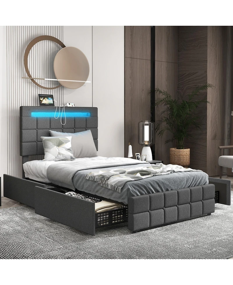 Upholstered Led Bed Frame with Headboard and 4 Drawers