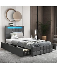 Upholstered Led Bed Frame with Headboard and 4 Drawers