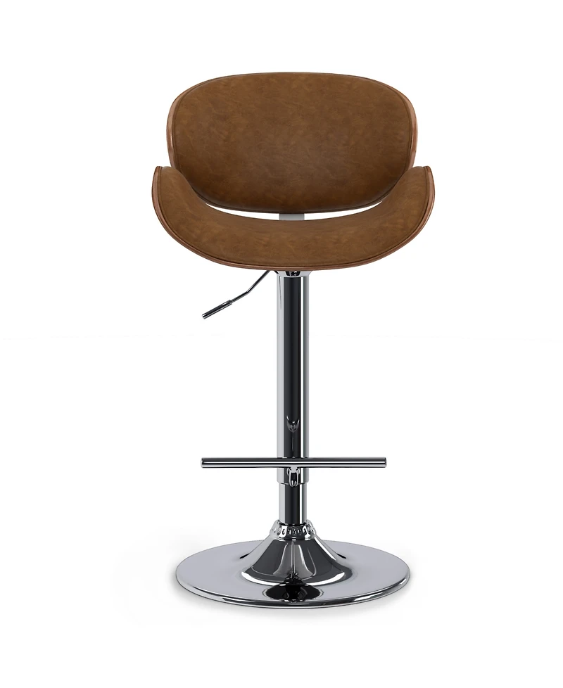 Simpli Home Marana Bentwood Adjustable Swivel Bar Stool in Deep Tan Pu Leather