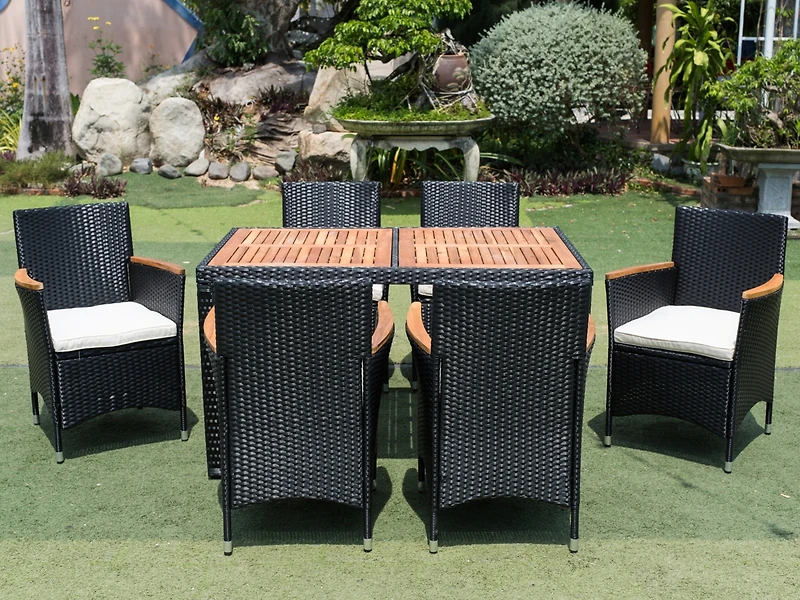 Streamdale 7-Piece Wicker Dining Set with Acacia Top