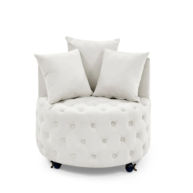 Streamdale Furniture Velvet Swivel Chair with Tufted Design, Wheels, 3 Pillows