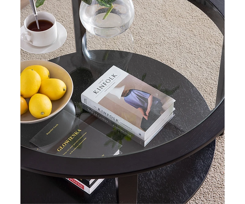Streamdale Round glass top solid wood storage coffee table, black