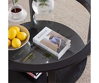 Streamdale Round glass top solid wood storage coffee table, black