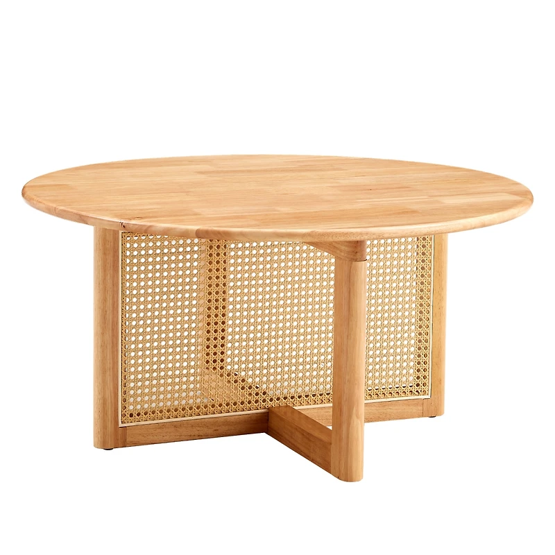 Elegant wooden coffee table with faux rattan accents