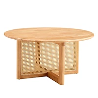 Elegant wooden coffee table with faux rattan accents