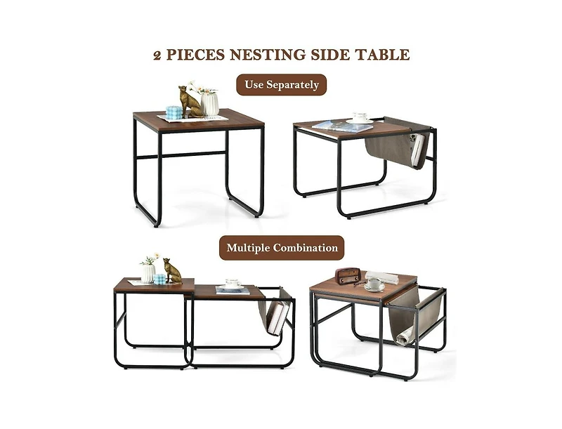 Set of 2 Nesting Coffee Tables with Side Pocket for Living Room Bedroom-Rustic Brown