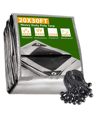 Yescom 20x30 Ft Waterproof Poly Tarp with 25 Ball Bungees Protect Cover 10mil Tarpaulin