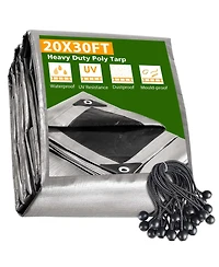 Yescom 20x30 Ft Waterproof Poly Tarp with 25 Ball Bungees Protect Cover 10mil Tarpaulin