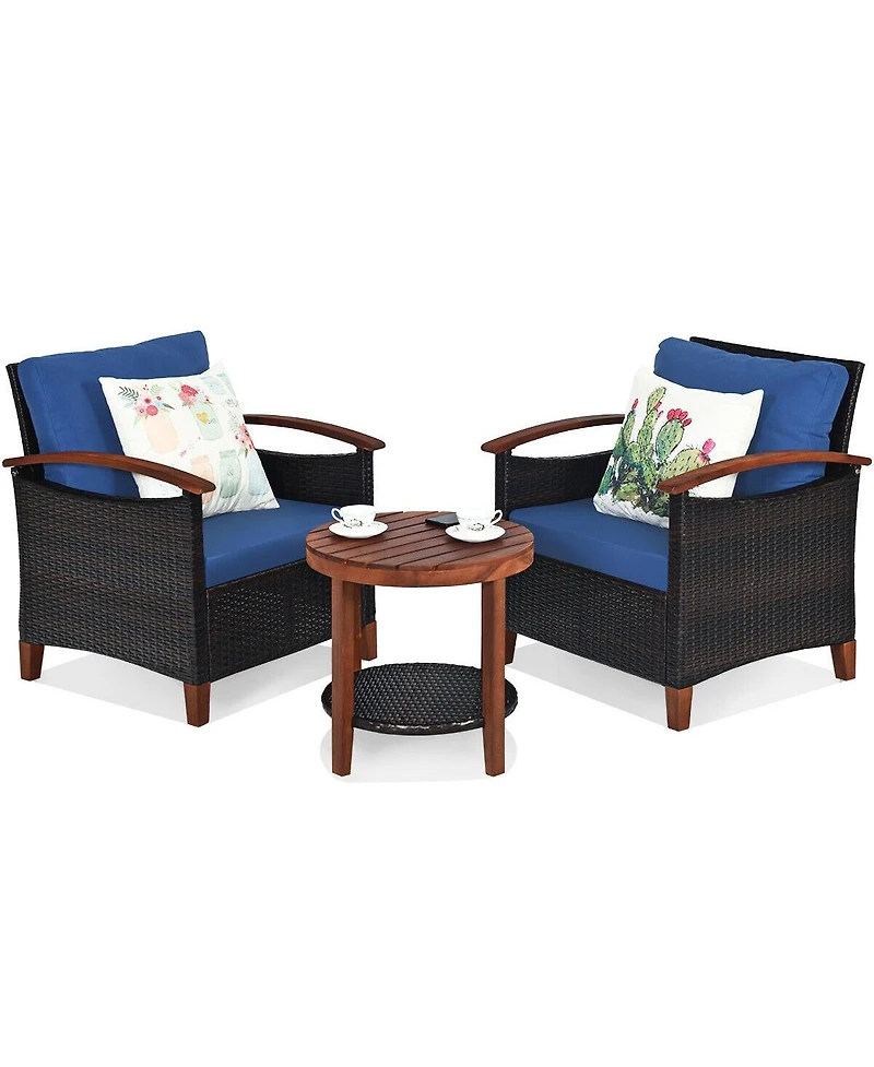 Slickblue 3 Pieces Patio Rattan Furniture Set with Washable Cushion and Acacia Wood Tabletop