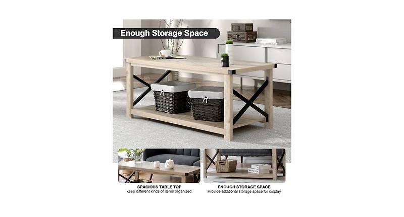 Slickblue Rustic Accent Coffee Table Metal X Shaped Side Cocktail Table with Storage Shelf