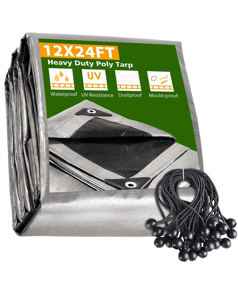 12x24 Ft 10 Mil Poly Tarp Protective Cover Ball Bungee Kit Tarpaulin Outdoor