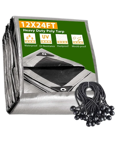 12x24 Ft 10 Mil Poly Tarp Protective Cover Ball Bungee Kit Tarpaulin Outdoor