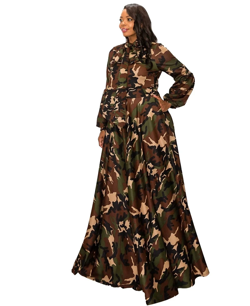 L I V D Plus Camo Bella Donna Dress with Ribbon and Puffed Out Sleeves