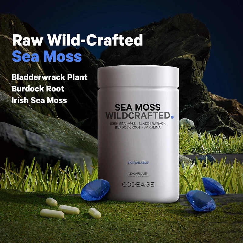 Codeage Raw Wildcrafted Irish Sea Moss Supplement, Spirulina Algae, Bladderwrack Seaweed, Burdock Root, Black Pepper, Non-gmo, 120 Capsules
