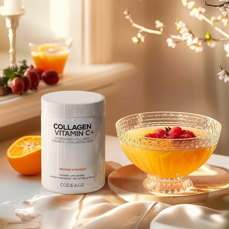 Codeage Collagen Peptides Powder + Vitamin C - 20g Grass-Fed Collagen Per Serving - Digestive Enzymes, Hyaluronic Acid, 18 Amino Acids