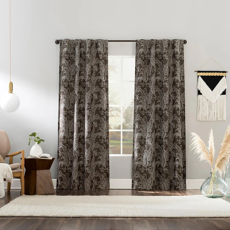 Pedra Paisley Embroidery 100% Blackout Back Tab Curtain Panel