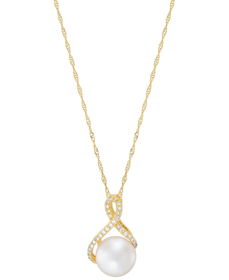 Honora Cultured Freshwater Pearl (8mm) & Diamond (1/10 ct. t.w.) Ribbon 18" Pendant Necklace in 14k Gold