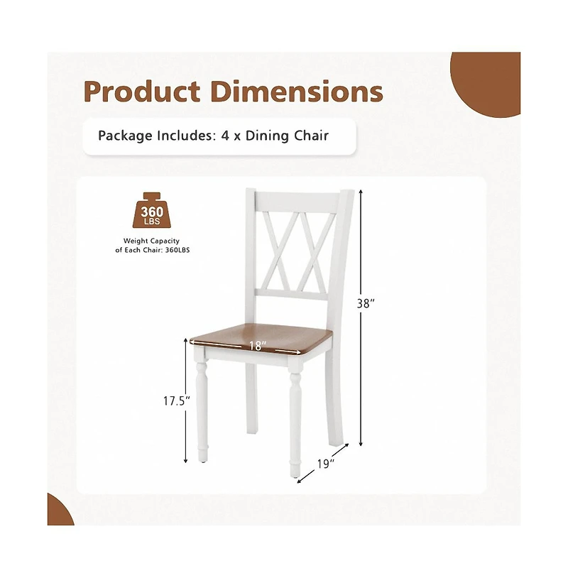 Set of 4 Wooden Farmhouse Kitchen Chairs with Rubber Wood Seat