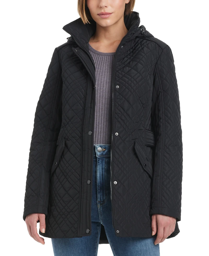 Jones New York Women's Hooded Stand-Collar Quilted Coat