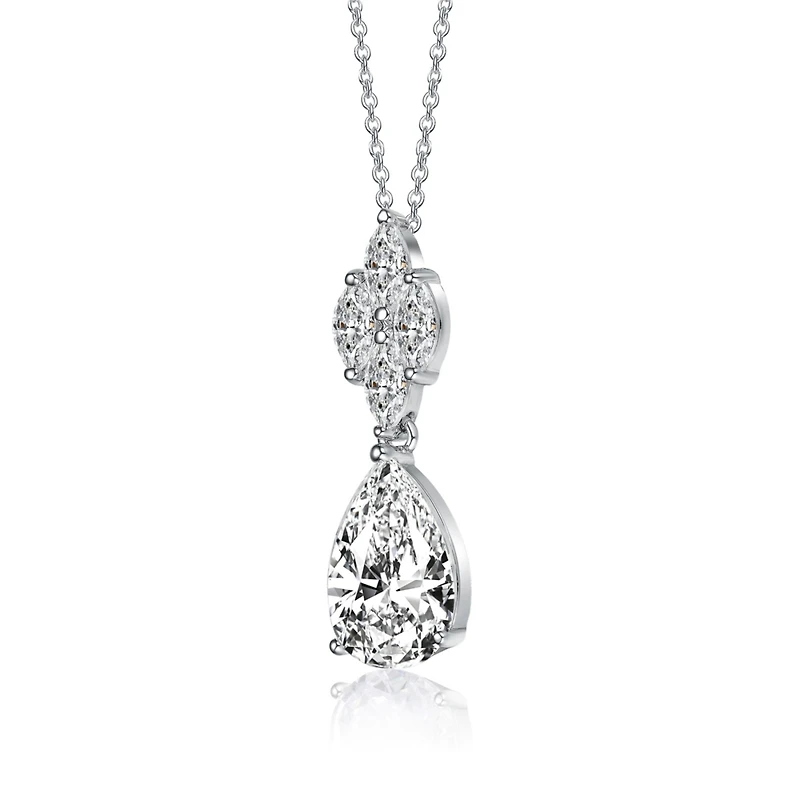 Sterling Silver with White Gold Plated Clear Pear with Marquise Cubic Zirconia Cluster Accent Drop Necklace