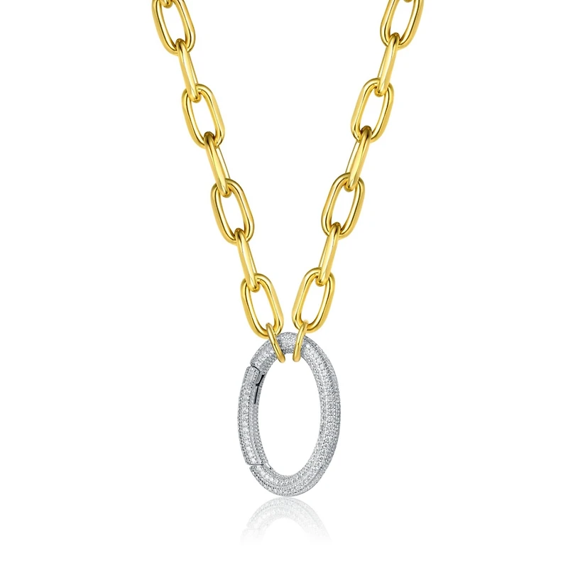 Rectangle-shaped 14k Gold-plated Chain With Round-brilliant stones Pendant Cubic Zirconia In Sterling Silver.