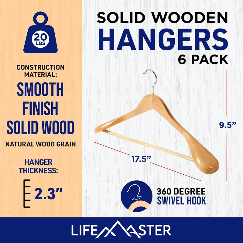 Lifemaster 8piece Wooden Hanger Set: Non-slip, space-saving hangers for suits, coats, jackets, pants and dresses with 360° swivel hooks.
