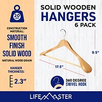 Lifemaster 8piece Wooden Hanger Set: Non-slip, space-saving hangers for suits, coats, jackets, pants and dresses with 360° swivel hooks.
