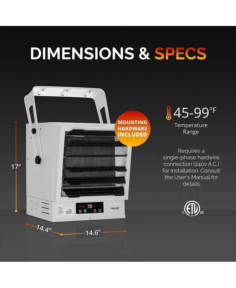 Newair Hardwired 240v Electric Workshop Garage Heater 10,000W Powerful Fan-Forced Rapid Heat for Ceiling, Wall or Counter Mount,Heats up to 1605 sq.ft