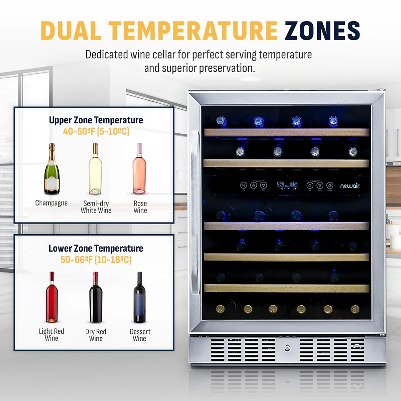 Newair 24 Inch Built-in 46 Bottle Dual Zone Compressor Wine Fridge in Stainless Steel, Quiet Operation with Beechwood Shelves