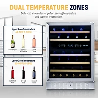 Newair 24 Inch Built-in 46 Bottle Dual Zone Compressor Wine Fridge in Stainless Steel, Quiet Operation with Beechwood Shelves