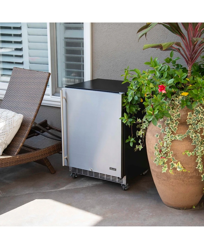 Newair 24" Built-in 160 Can Outdoor Beverage Fridge in Weatherproof Stainless Steel with Auto-Closing Door and Easy Glide Casters