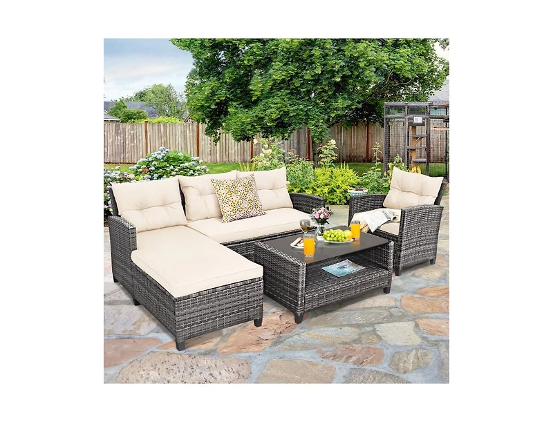 Slickblue 4 Pieces Patio Rattan Furniture Set with Cushion and Table Shelf