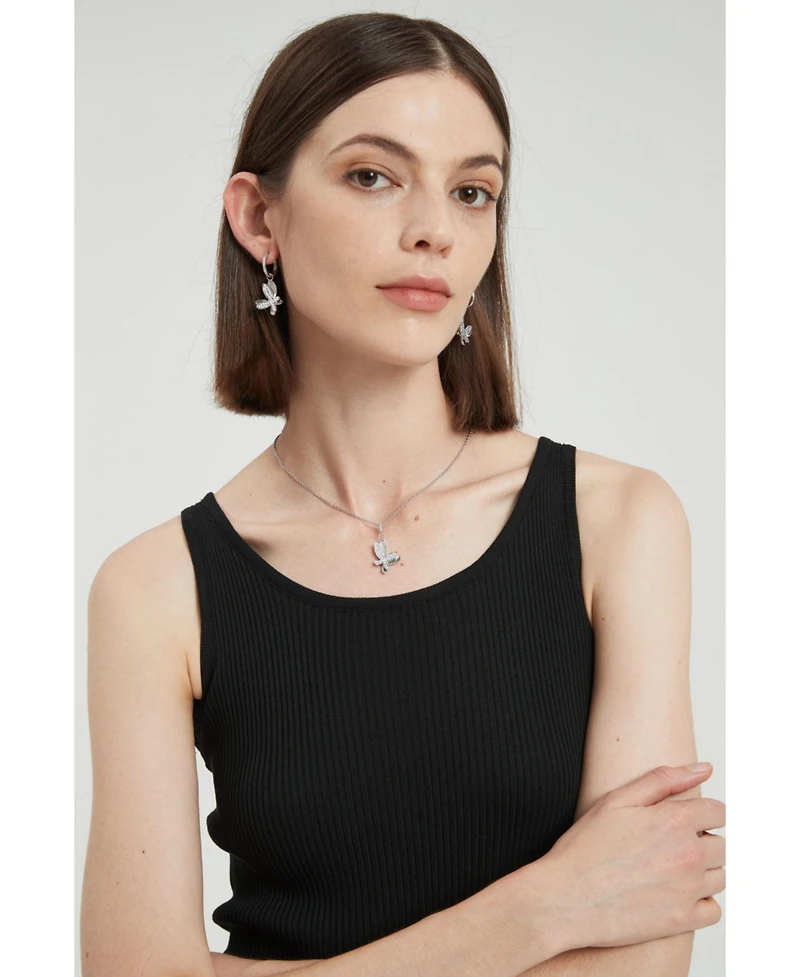Pave Butterfly Dangle Drop Hoop Earrings