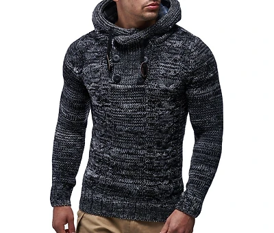 Leif Nelson Men's Knit Hoodie Sweater with Button Accents – Cable Design