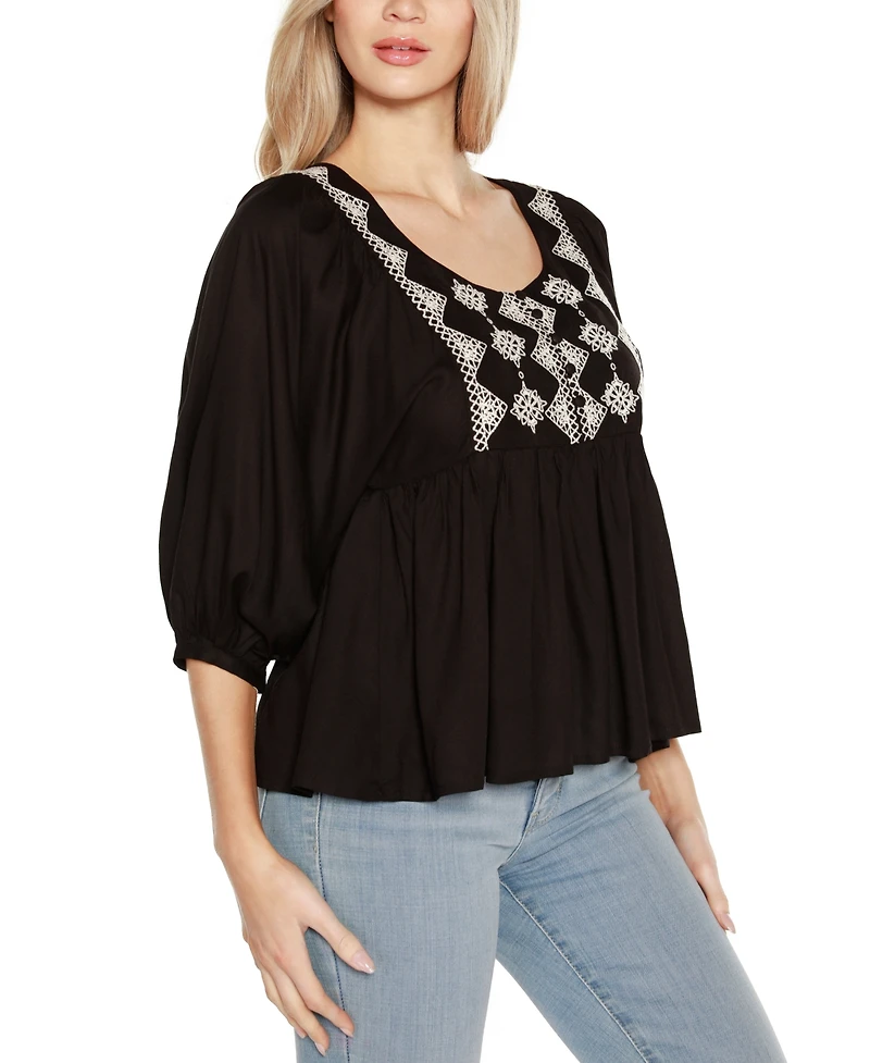 Belldini Black Label Embroidered Boho Fit-and-Flare Top