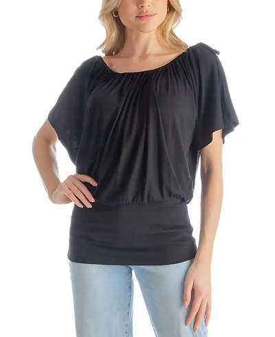 24seven Comfort Apparel Solid Color Short Sleeve Split Shoulder Top