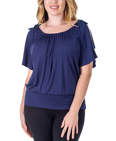 24seven Comfort Apparel Solid Color Short Sleeve Split Shoulder Top