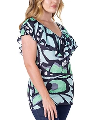 24seven Comfort Apparel Cap Sleeve Print Ruffle V Neck Top