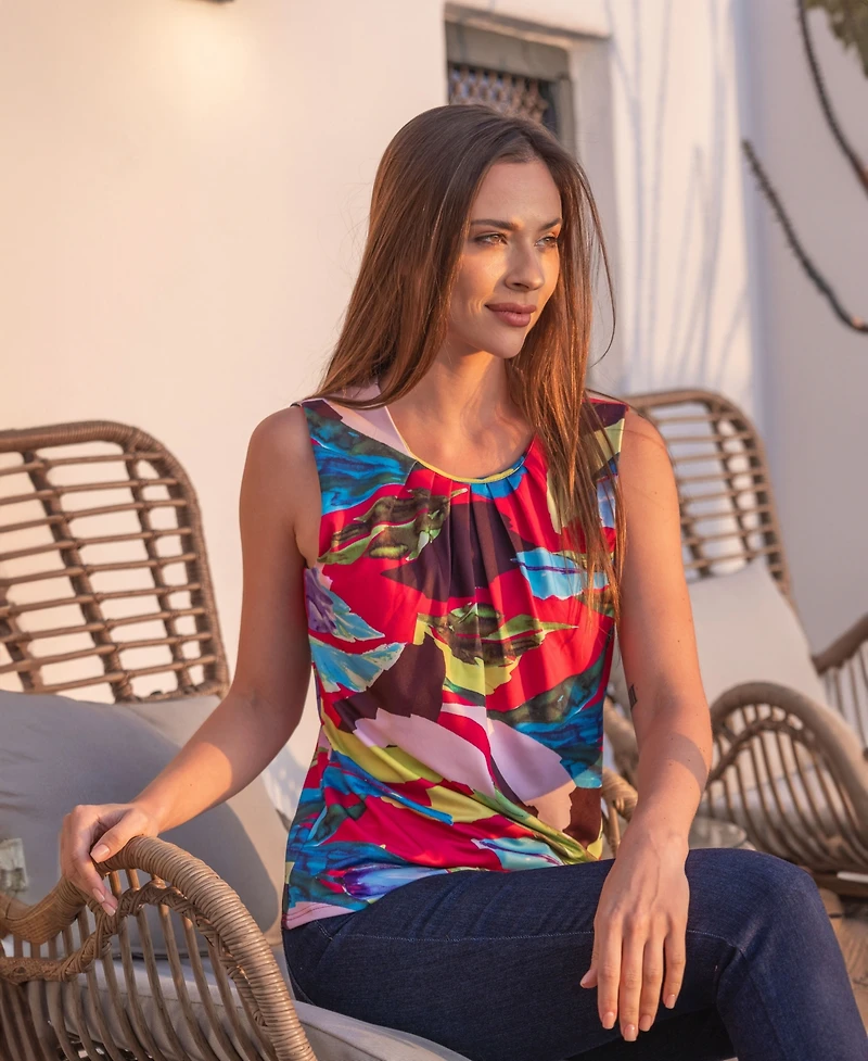 24seven Comfort Apparel Print Pleated Crew Neckline Back Closure Sleeveless Top