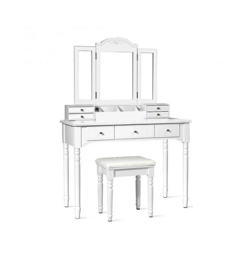 Slickblue Makeup Dressing Table with Tri-Folding Mirror and Cushioned Stool for Women